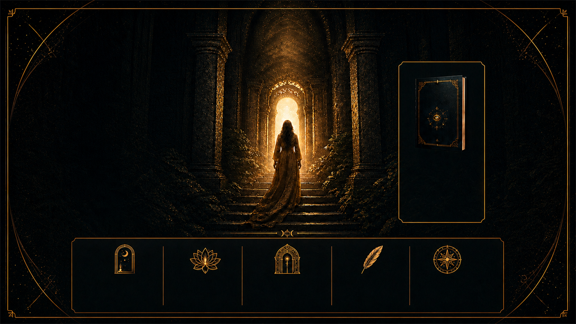 Simone Souza diante de um portal iluminado em um templo gótico e egípcio